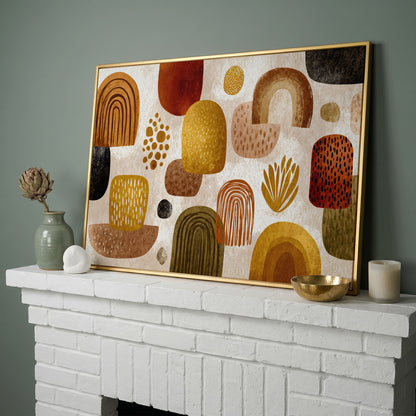 Arch and Circle Abstract Canvas Art in Earth Tones in yellow gold floating frame