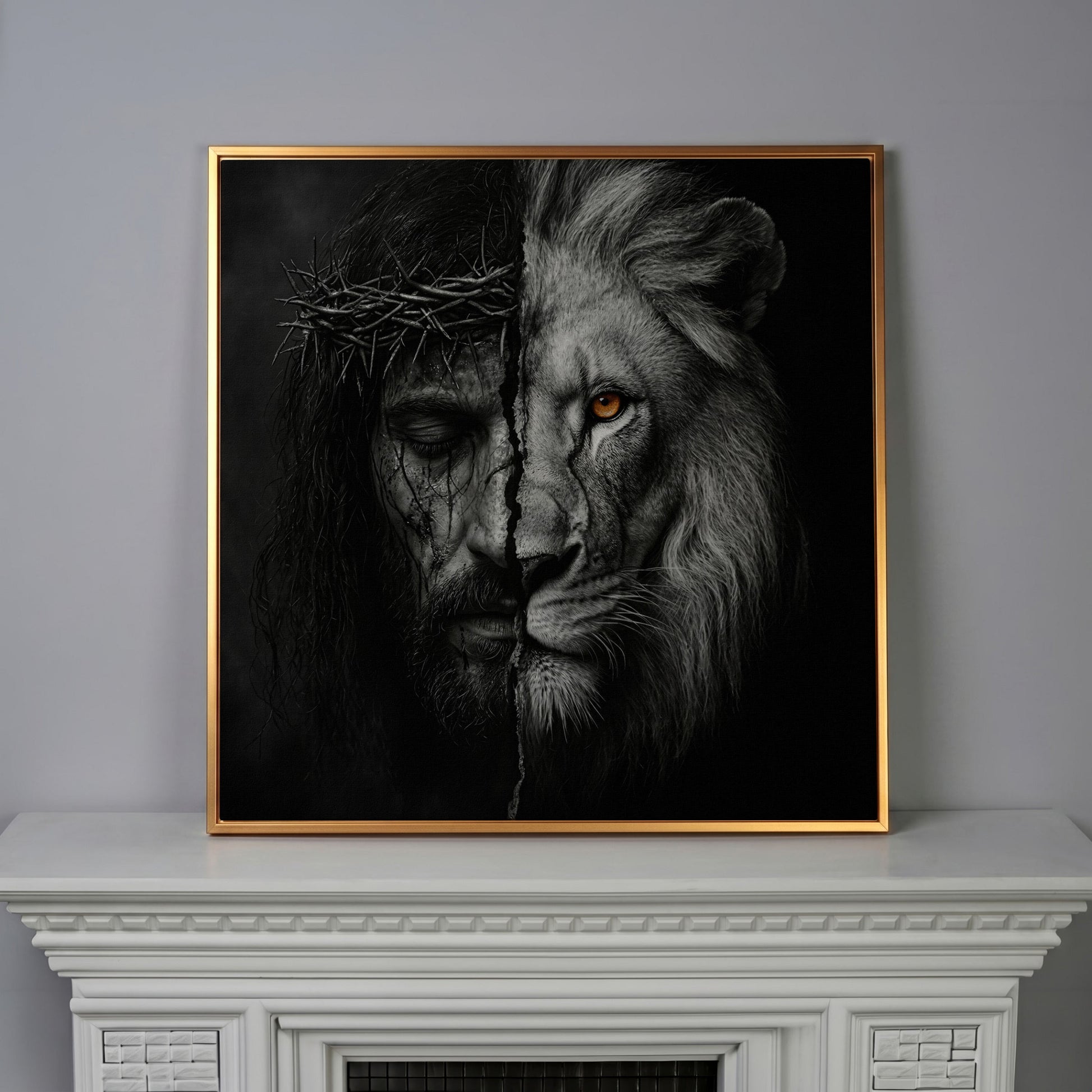 Jesus and the Lion of Judah Canvas Art, Square Wall Art in antique gold floating frame