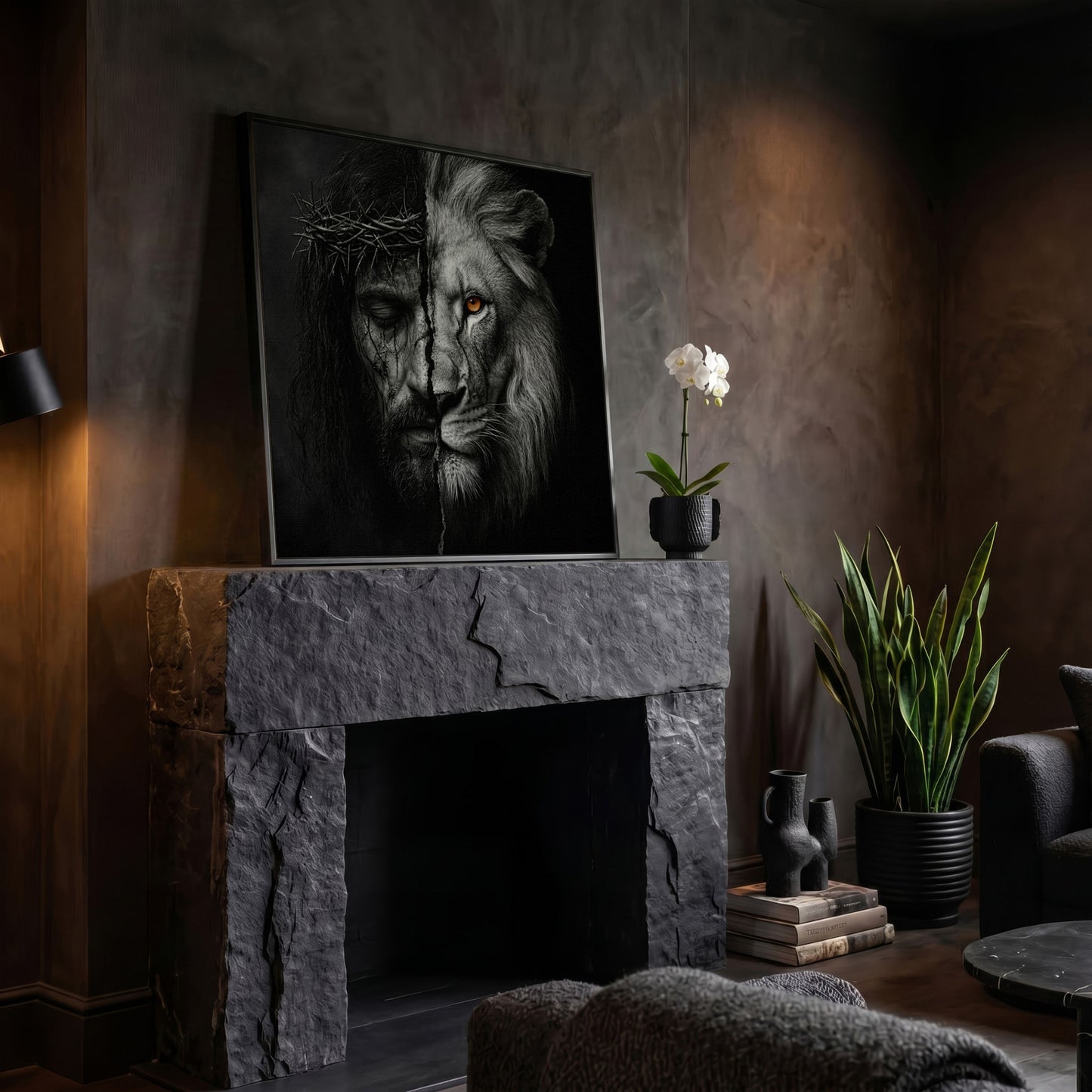 Jesus and the Lion of Judah Canvas Art, Square Wall Art in black floating frame