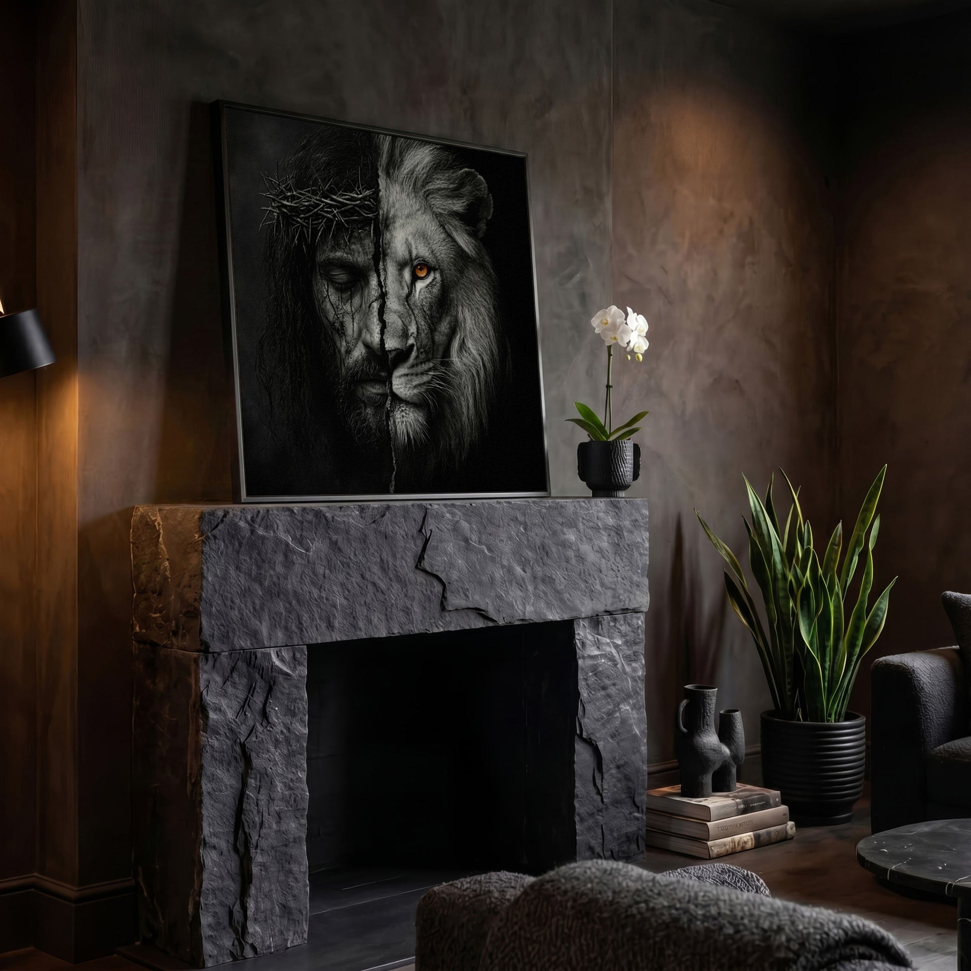 Jesus and the Lion of Judah Canvas Art, Square Wall Art in black floating frame