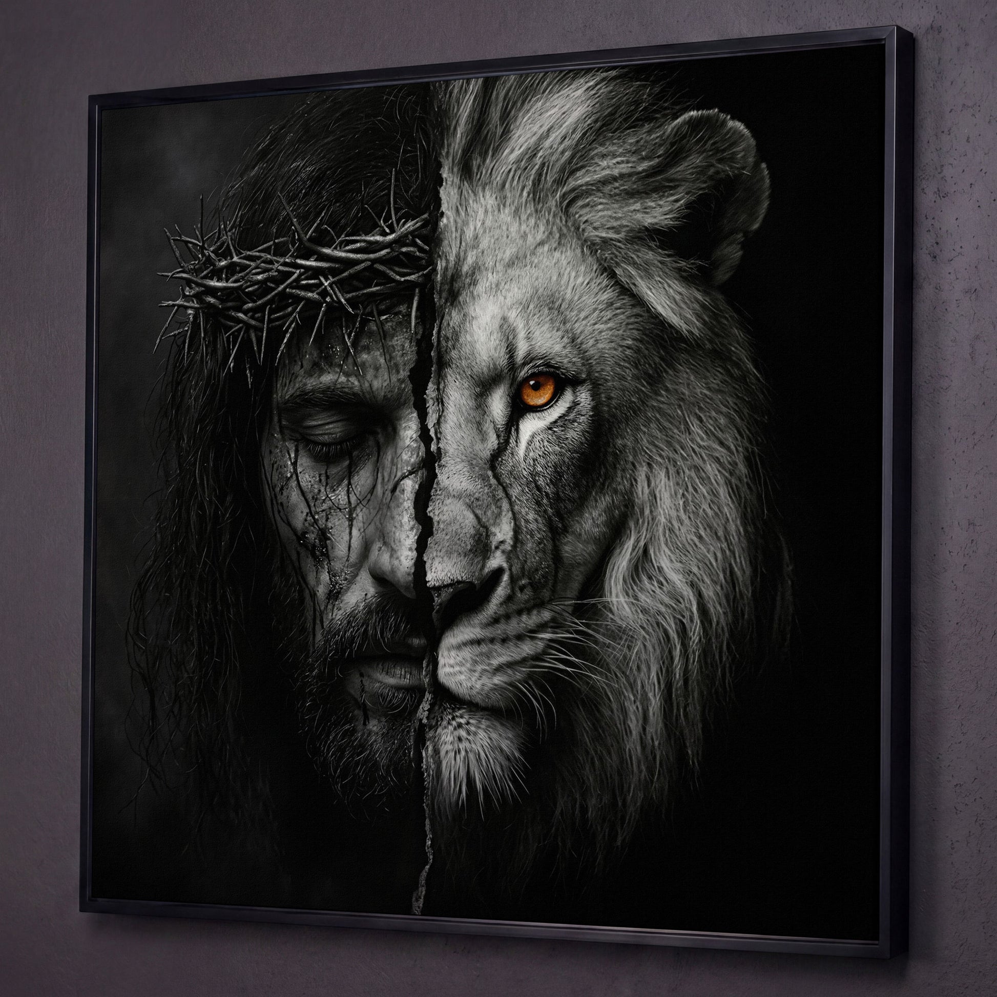 Jesus and the Lion of Judah Canvas Art, Square Wall Art shown in black floating frame