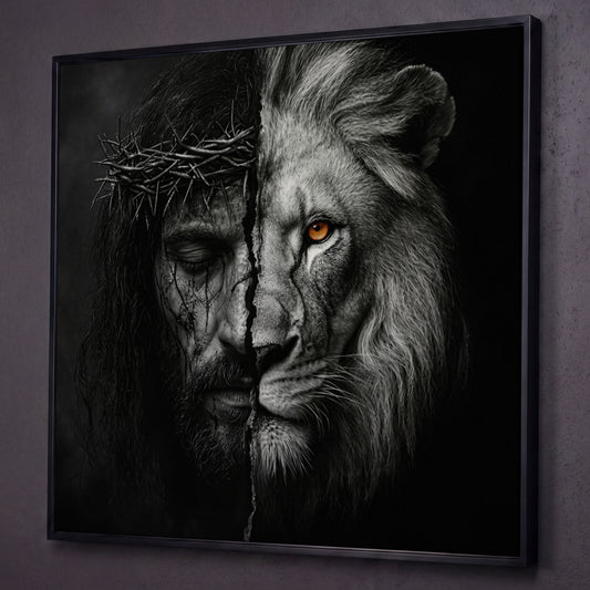 Jesus and the Lion of Judah Canvas Art, Square Wall Art shown in black floating frame