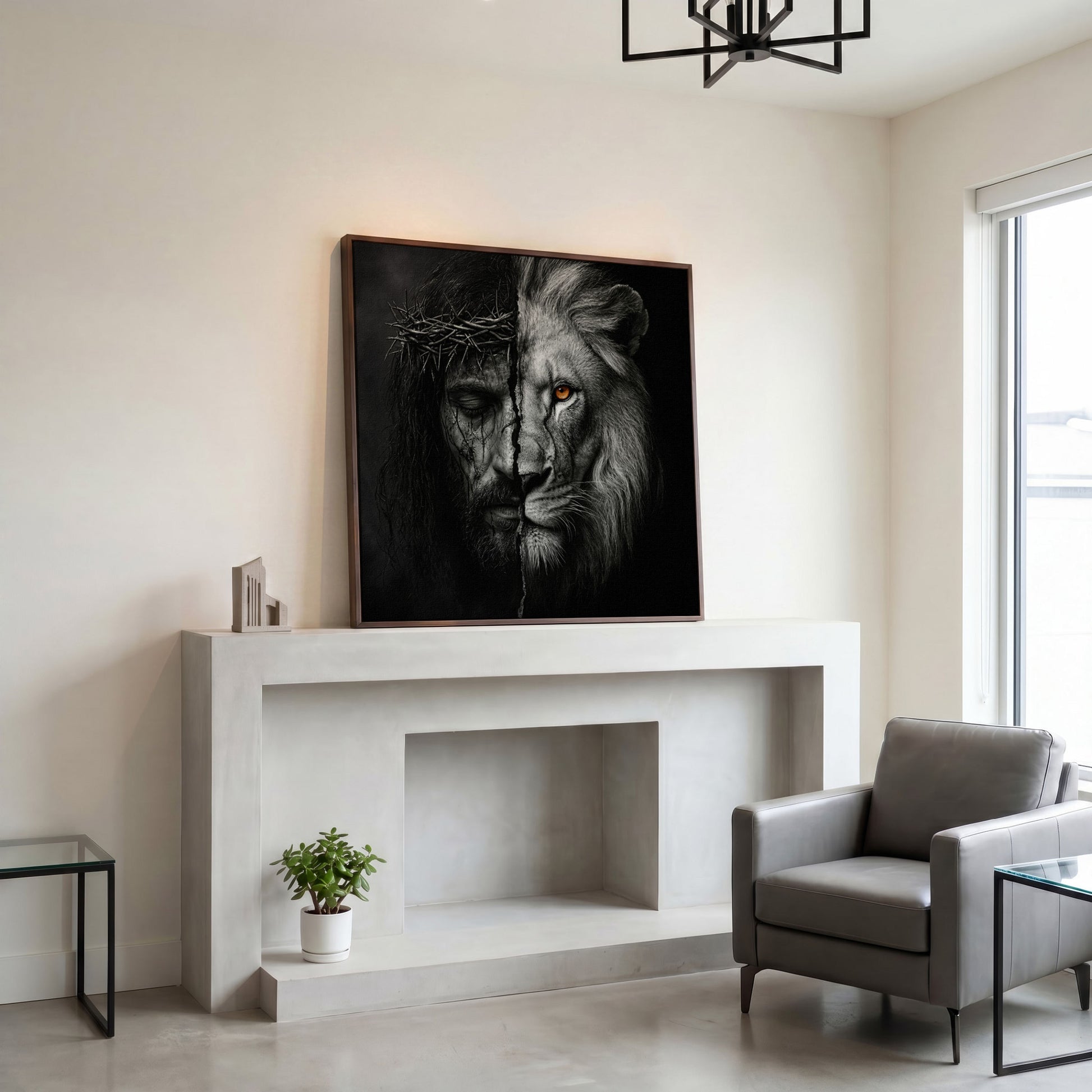 Jesus and the Lion of Judah Canvas Art, Square Wall Art in dark walnut floating frame