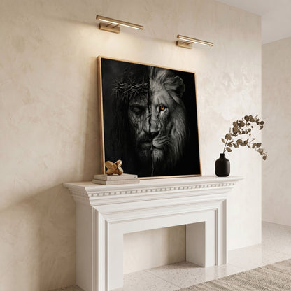 Jesus and the Lion of Judah Canvas Art, Square Wall Art in white oak floating frame