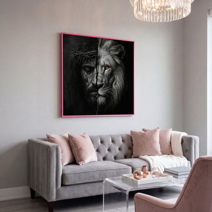 Jesus and the Lion of Judah Canvas Art, Square Wall Art in pink floating frame