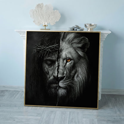 Jesus and the Lion of Judah Canvas Art, Square Wall Art in rose gold floating frame