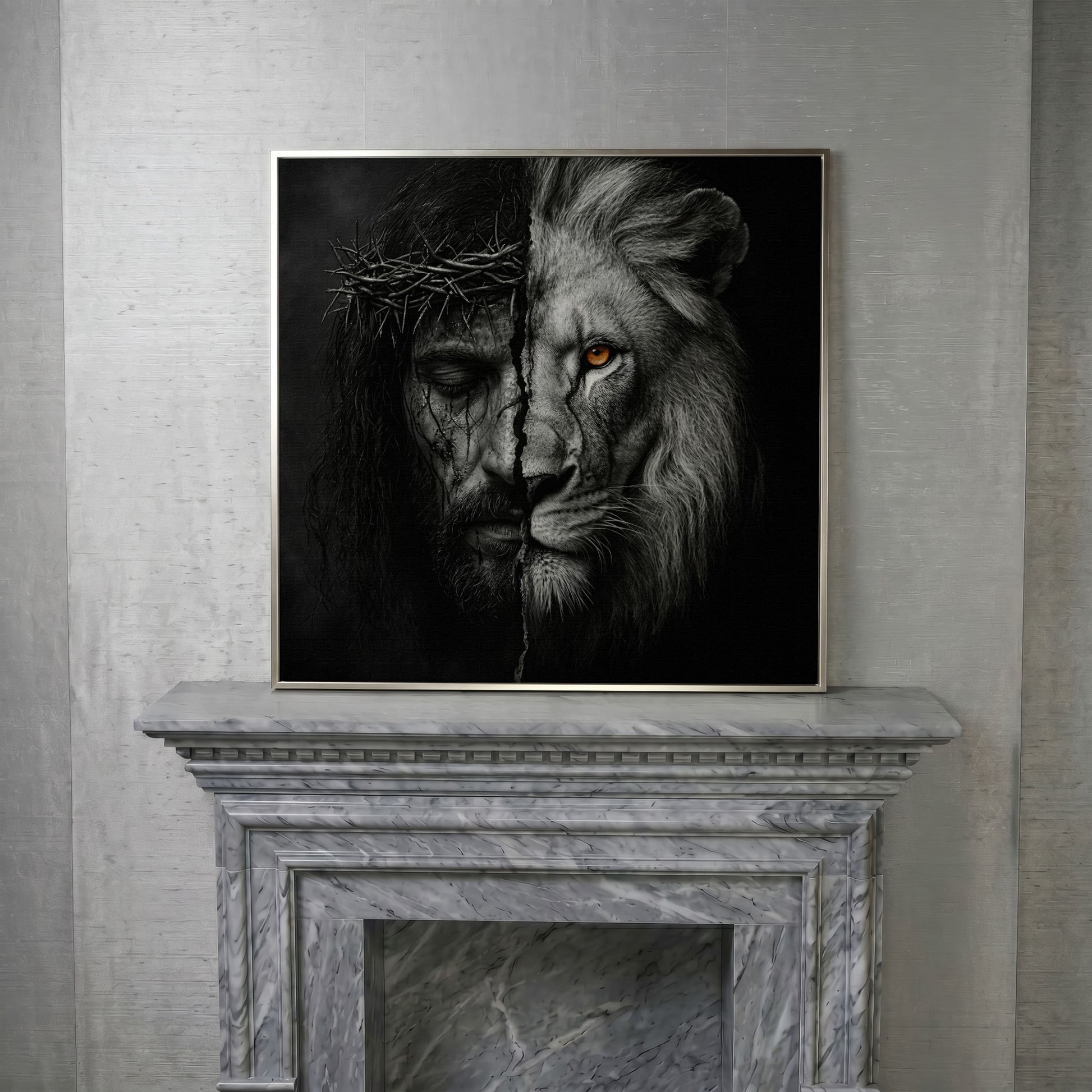 Jesus and the Lion of Judah Canvas Art, Square Wall Art in silver floating frame