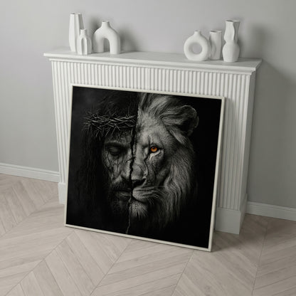 Jesus and the Lion of Judah Canvas Art, Square Wall Art in white floating frame