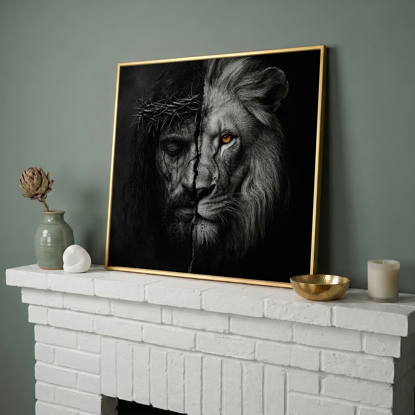 Jesus and the Lion of Judah Canvas Art, Square Wall Art in yellow gold floating frame