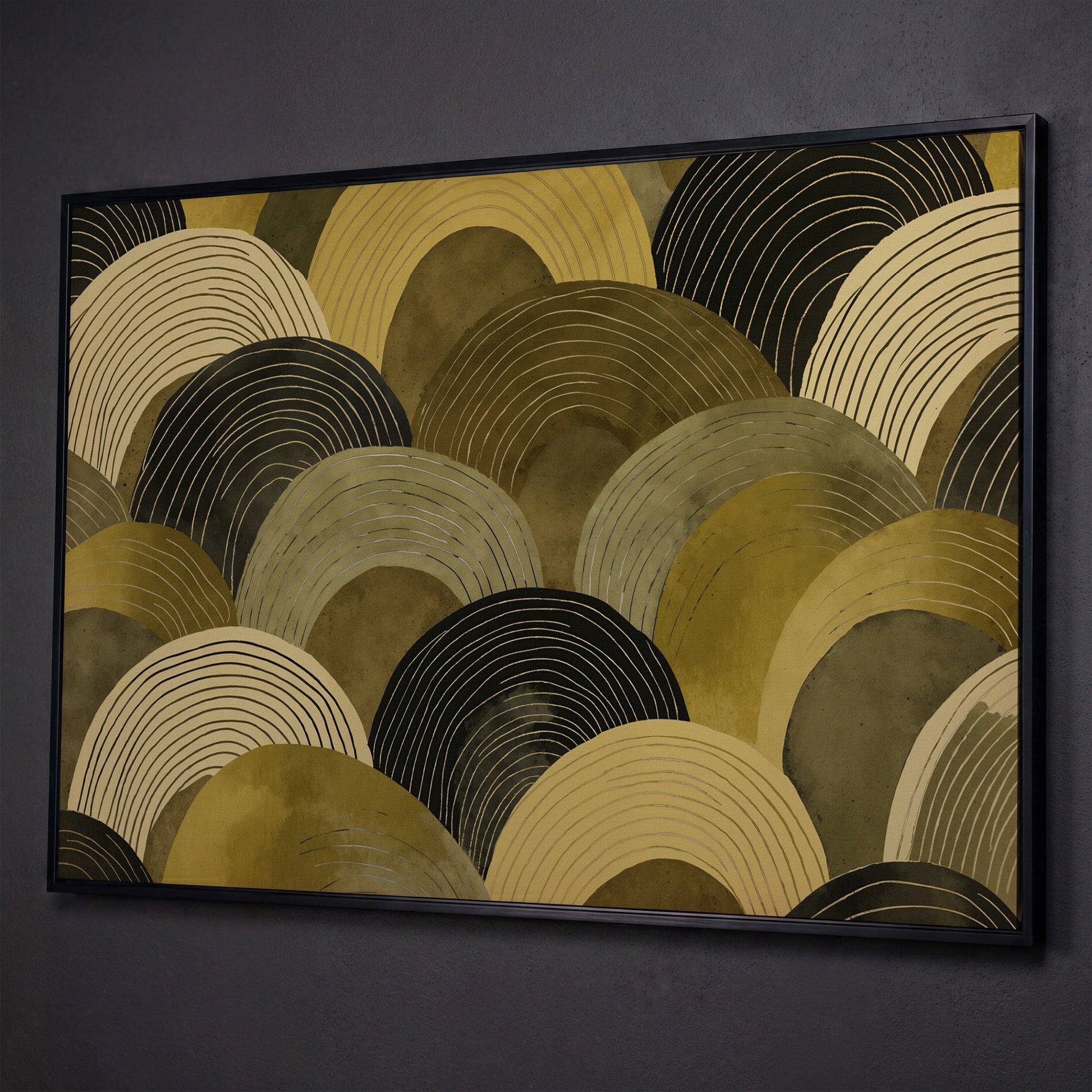 Abstract Arches Canvas Art: Rolling Hills and Wave Forms shown in black floating frame