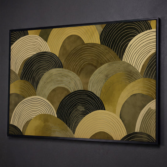 Abstract Arches Canvas Art: Rolling Hills and Wave Forms shown in black floating frame