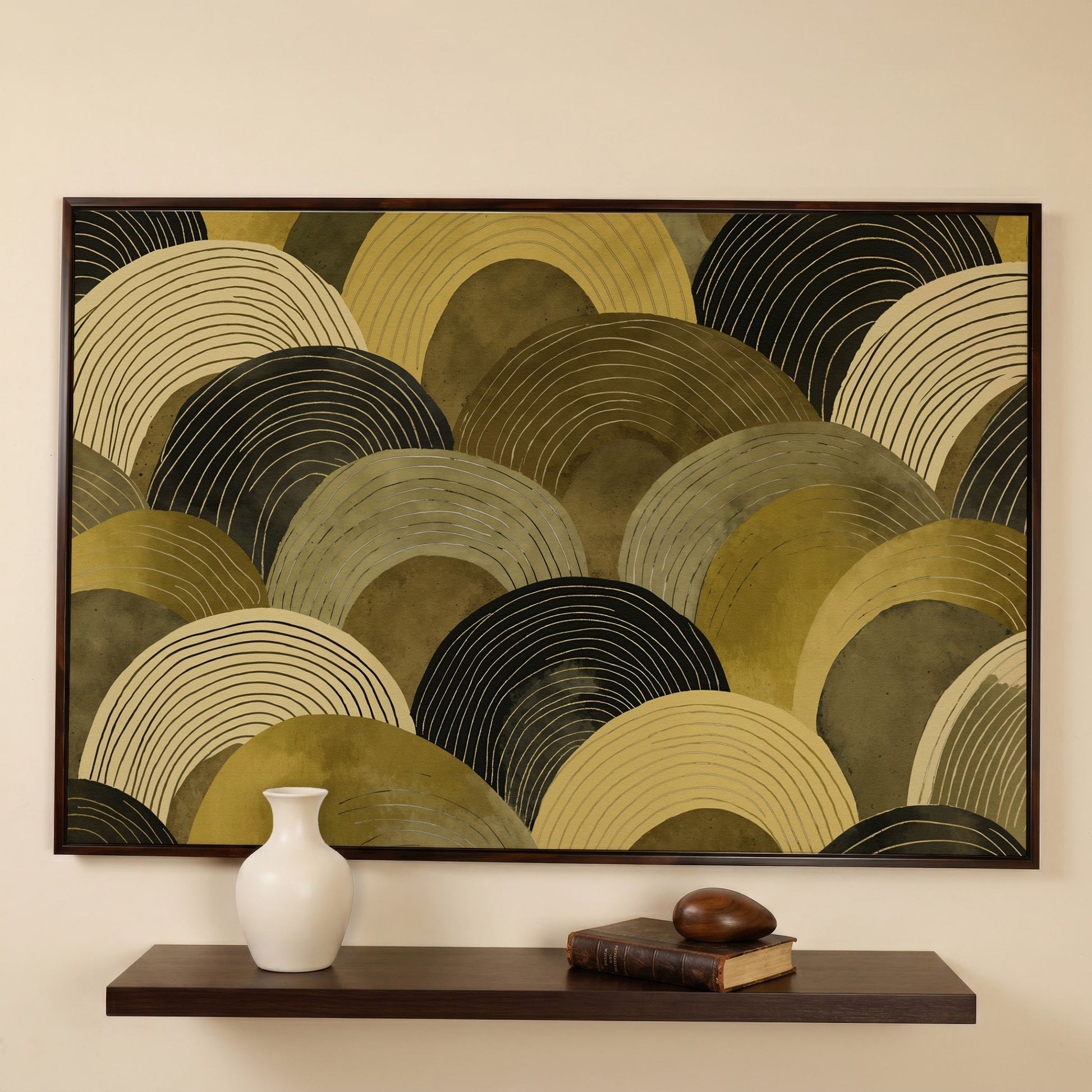 Abstract Arches Canvas Art: Rolling Hills and Wave Forms in dark walnut floating frame