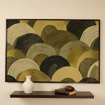 Abstract Arches Canvas Art: Rolling Hills and Wave Forms in dark walnut floating frame