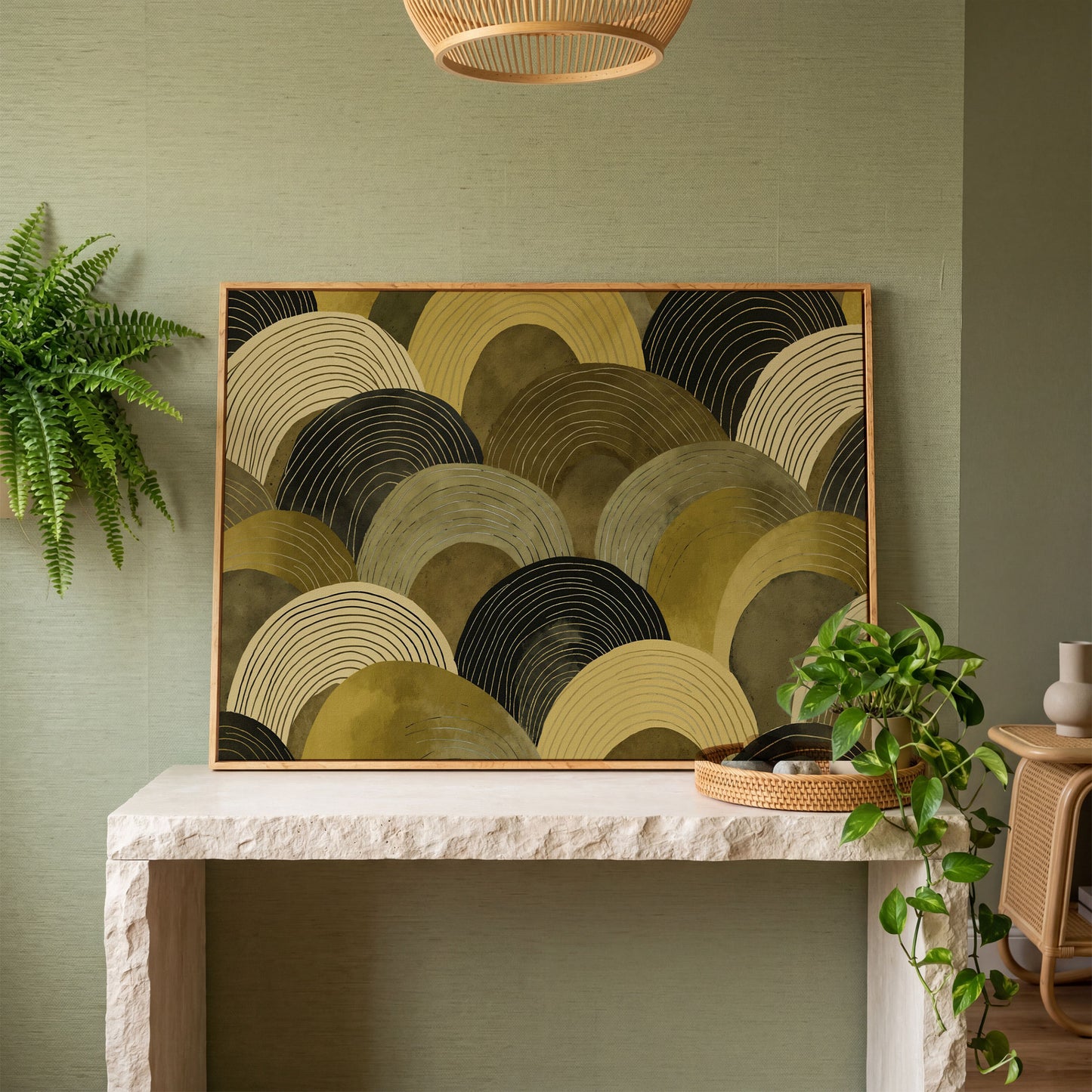 Abstract Arches Canvas Art: Rolling Hills and Wave Forms in white oak floating frame
