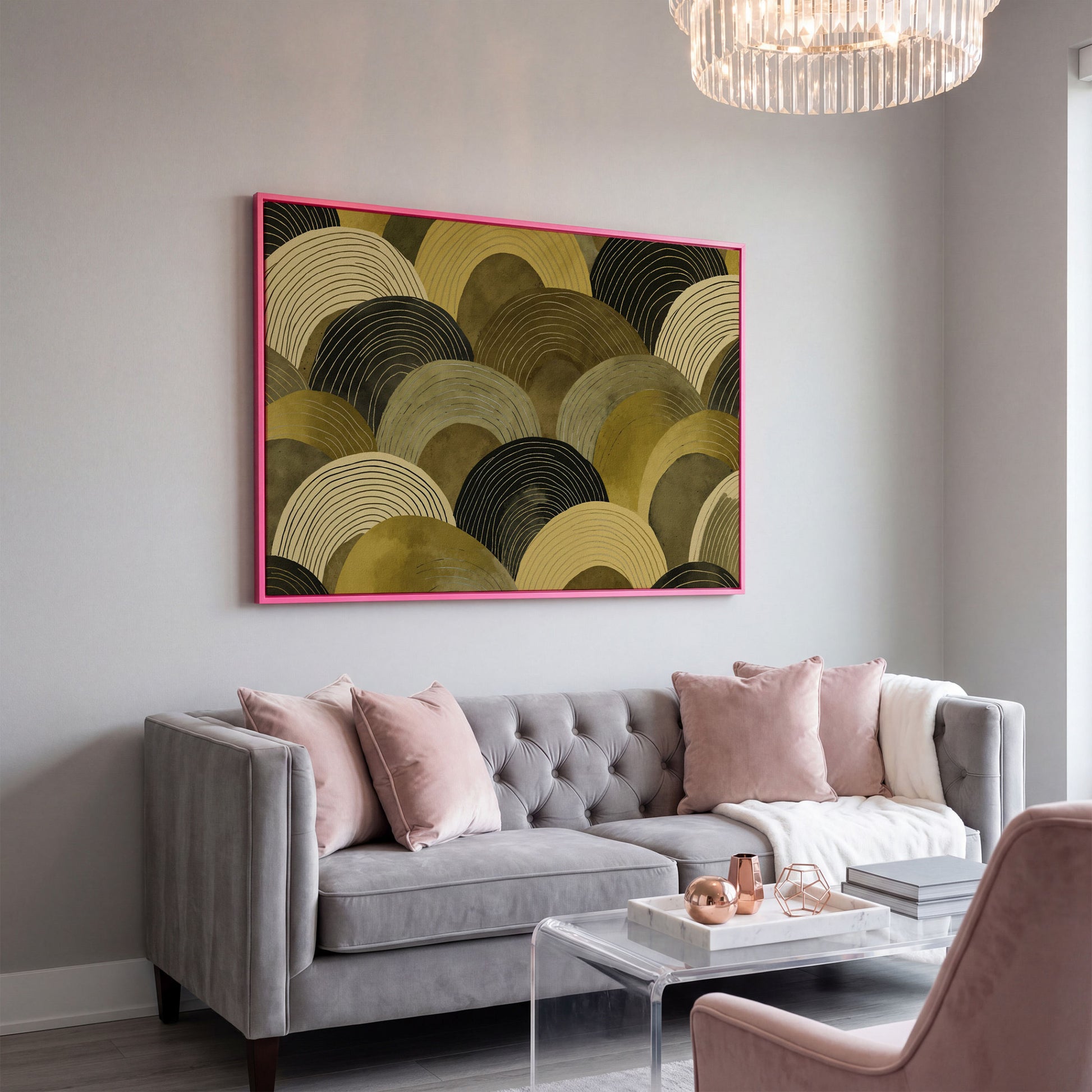 Abstract Arches Canvas Art: Rolling Hills and Wave Forms in pink floating frame