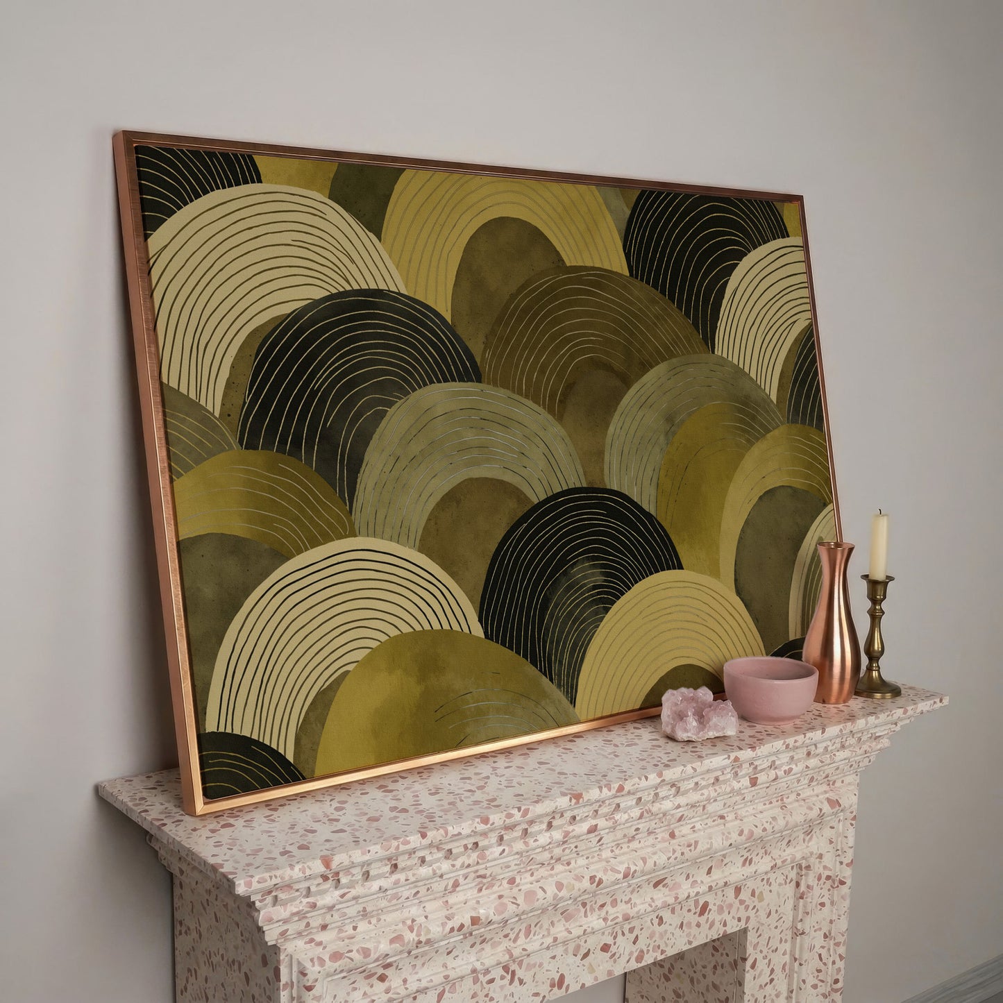 Abstract Arches Canvas Art: Rolling Hills and Wave Forms in rose gold floating frame