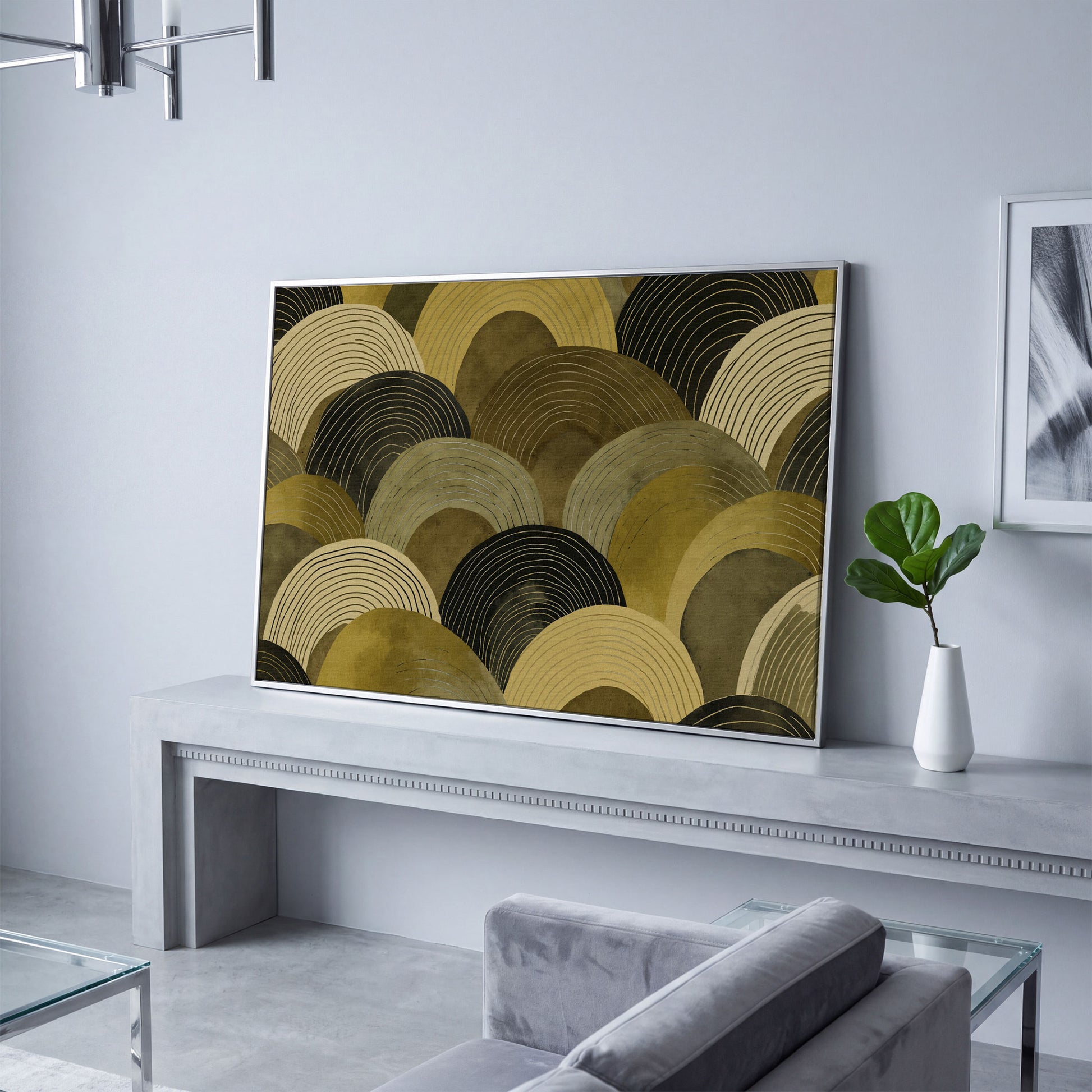 Abstract Arches Canvas Art: Rolling Hills and Wave Forms in silver floating frame