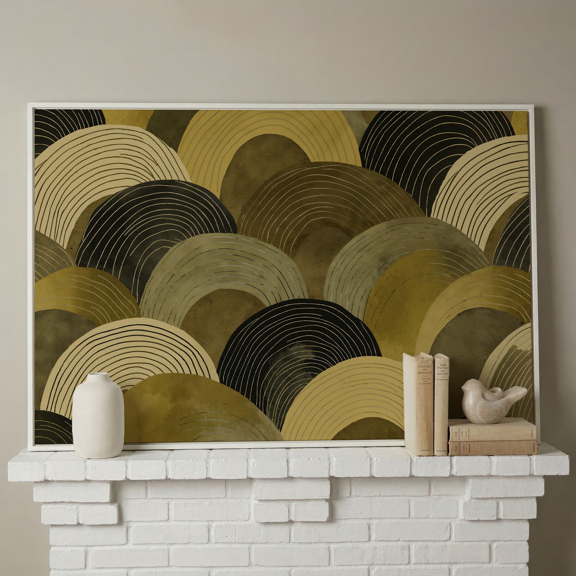 Abstract Arches Canvas Art: Rolling Hills and Wave Forms in white floating frame