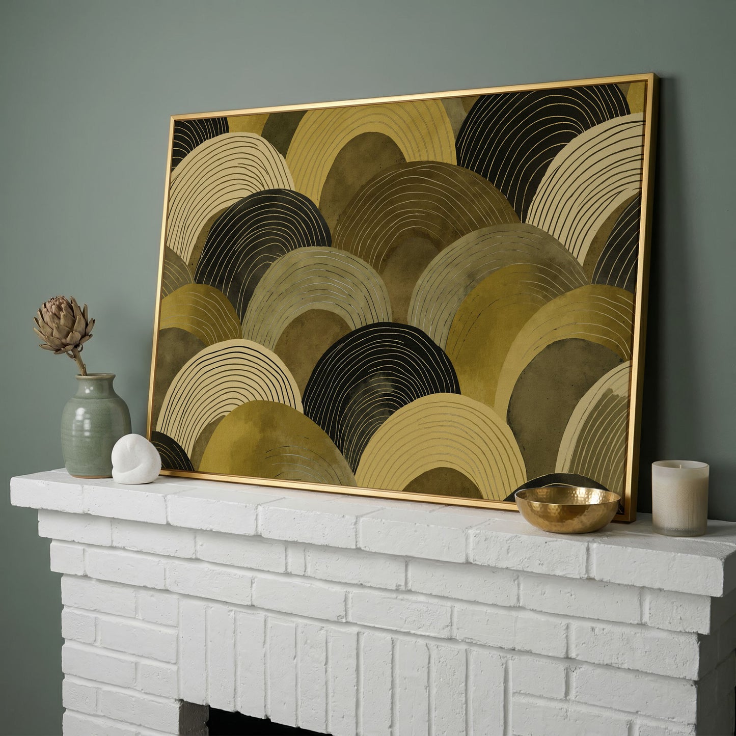 Abstract Arches Canvas Art: Rolling Hills and Wave Forms in yellow gold floating frame