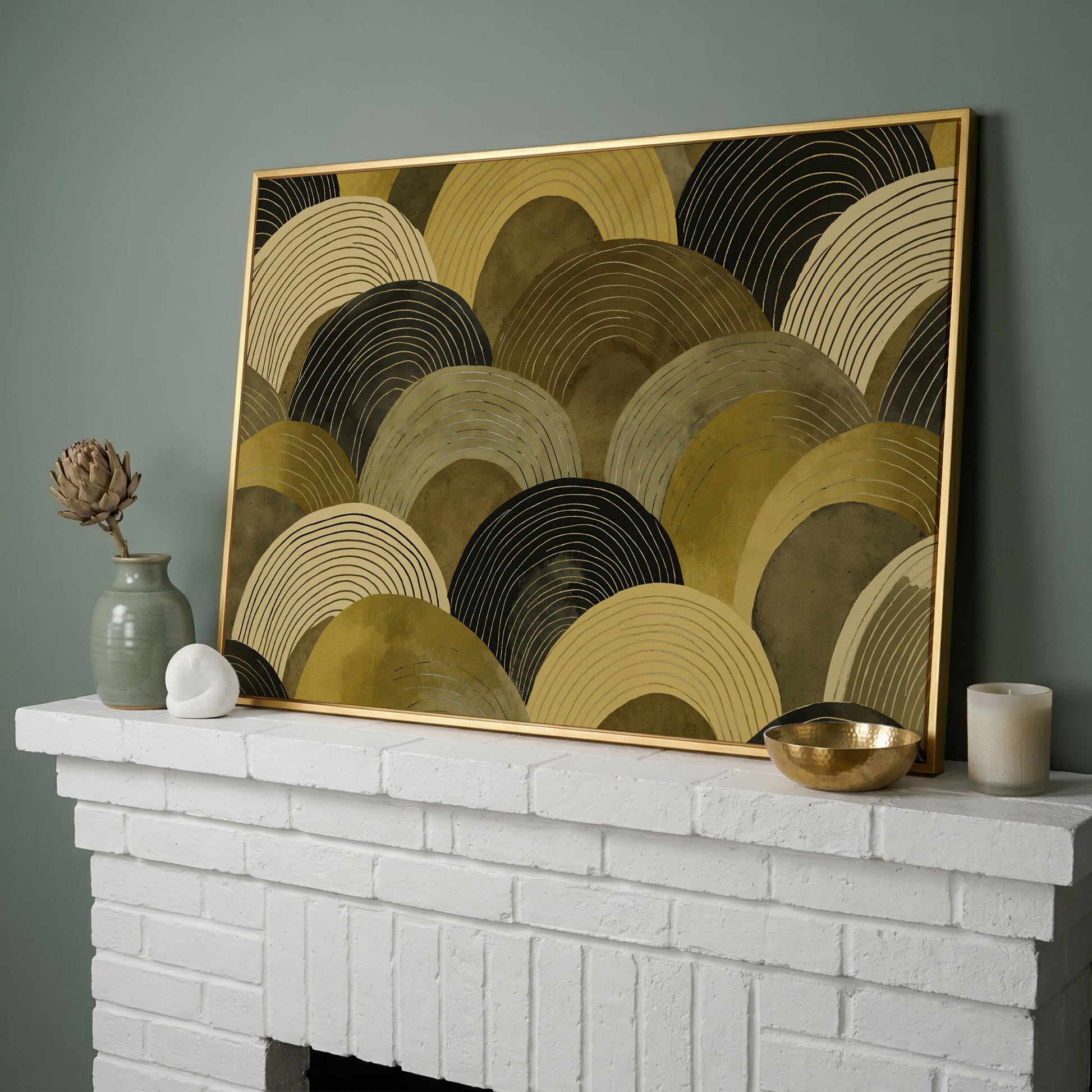 Abstract Arches Canvas Art: Rolling Hills and Wave Forms in yellow gold floating frame