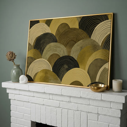 Abstract Arches Canvas Art: Rolling Hills and Wave Forms in yellow gold floating frame