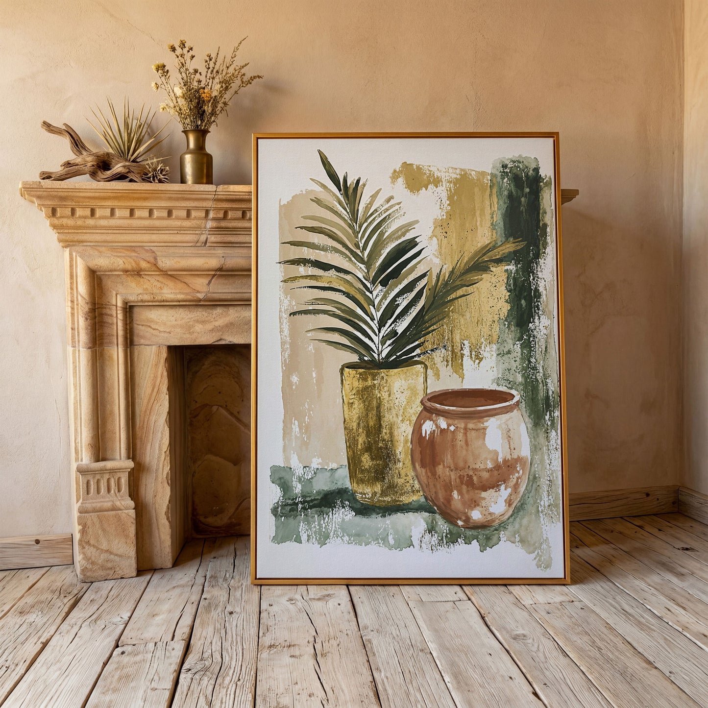Potted Plant and Ceramic Pot Still Life Canvas Wall Art in antique gold floating frame