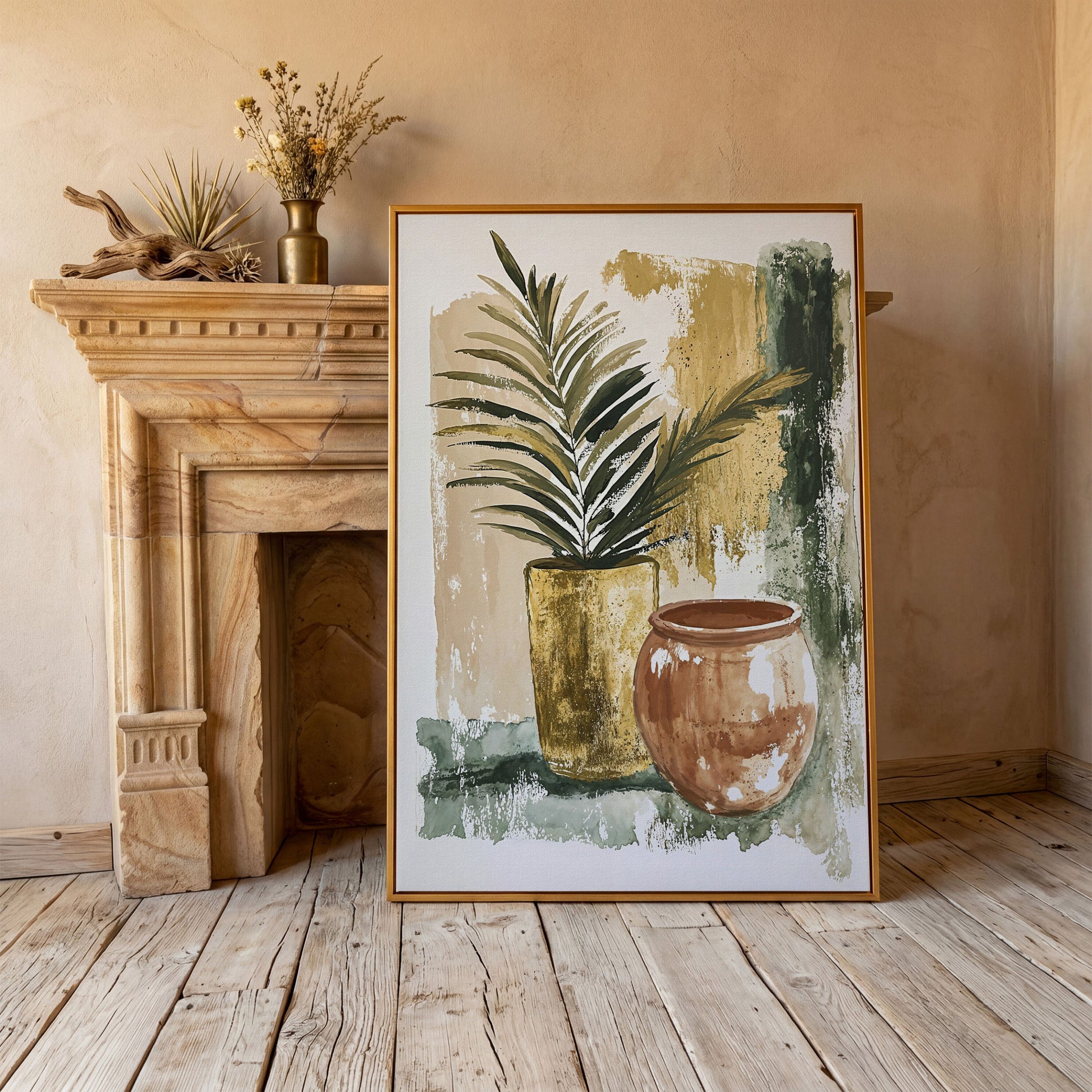 Potted Plant and Ceramic Pot Still Life Canvas Wall Art in antique gold floating frame