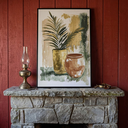 Potted Plant and Ceramic Pot Still Life Canvas Wall Art in black floating frame