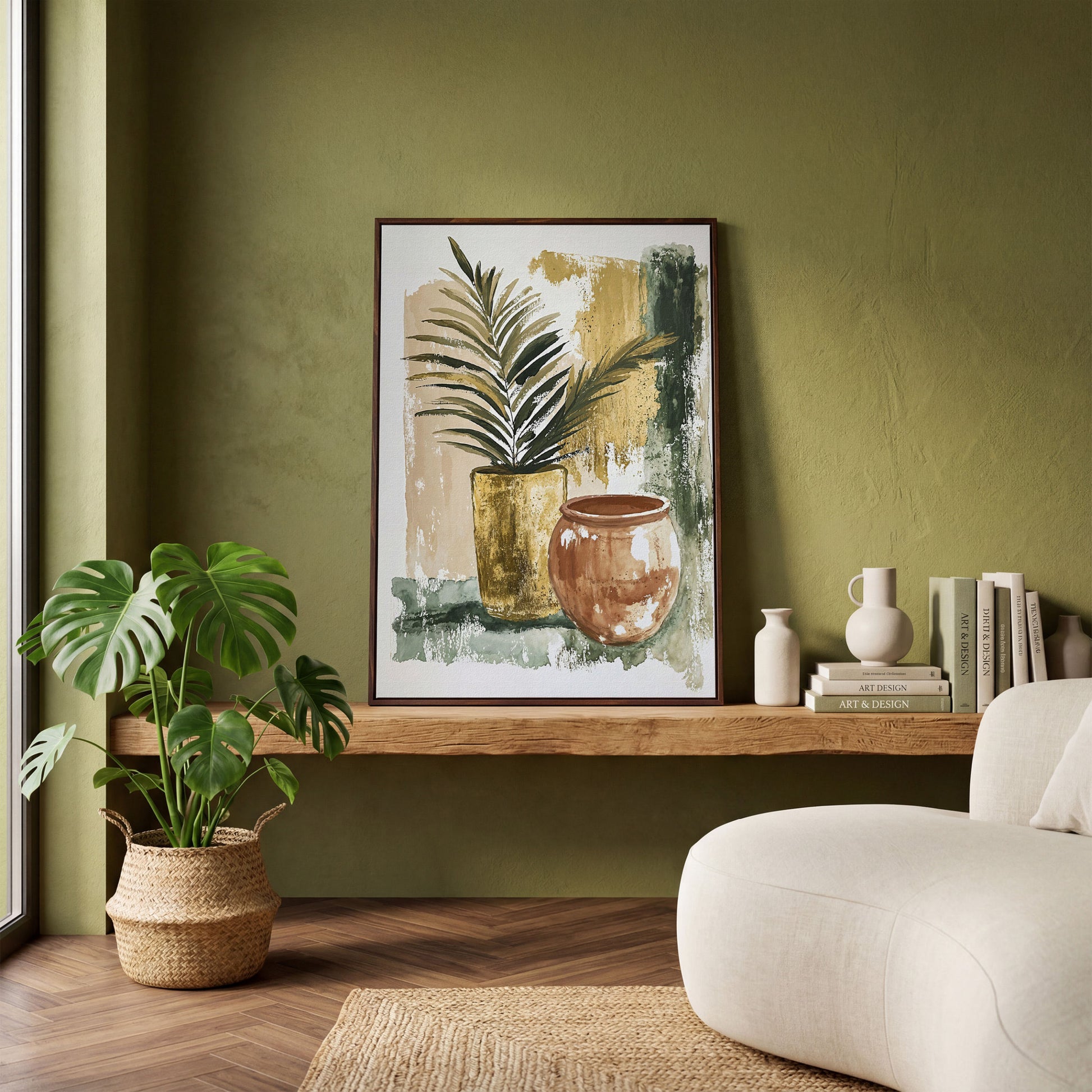 Potted Plant and Ceramic Pot Still Life Canvas Wall Art in dark walnut floating frame