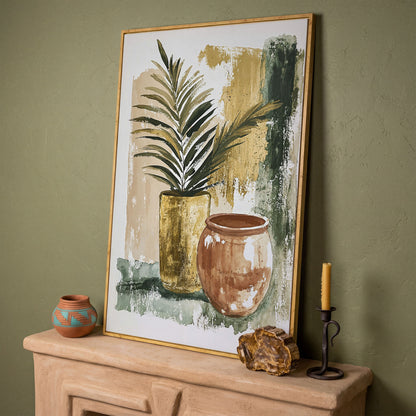 Potted Plant and Ceramic Pot Still Life Canvas Wall Art in white oak floating frame