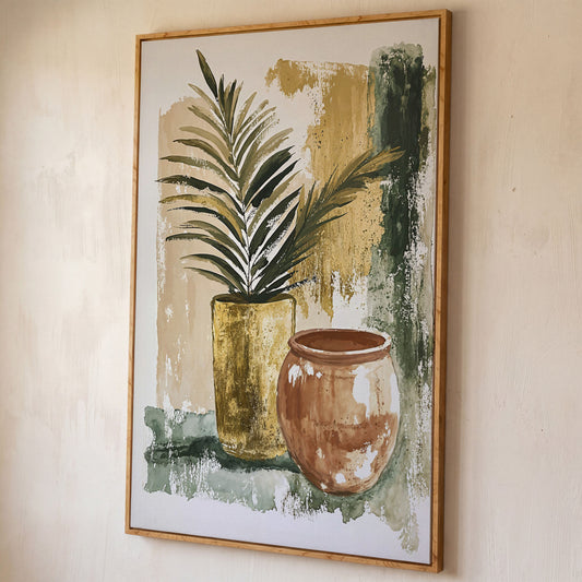 Potted Plant and Ceramic Pot Still Life Canvas Wall Art shown in white oak floating frame