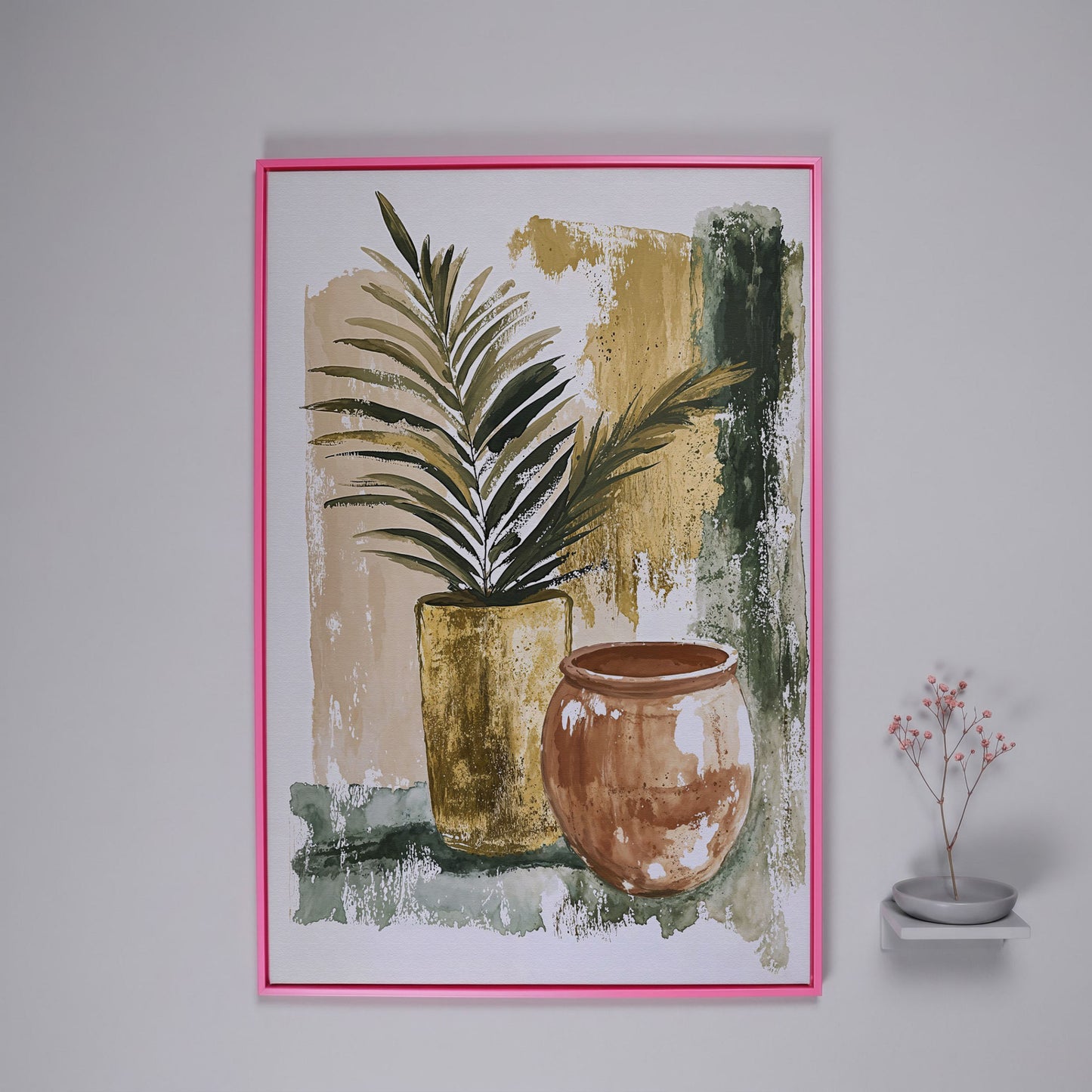 Potted Plant and Ceramic Pot Still Life Canvas Wall Art in pink floating frame