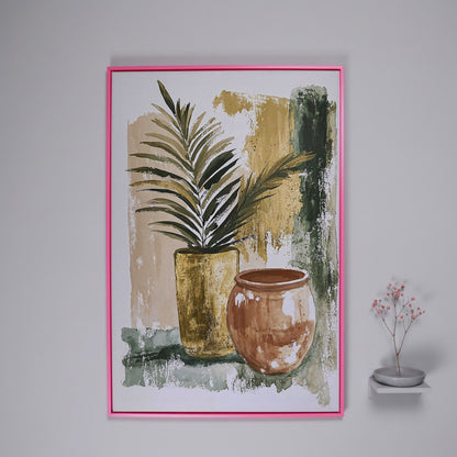 Potted Plant and Ceramic Pot Still Life Canvas Wall Art in pink floating frame