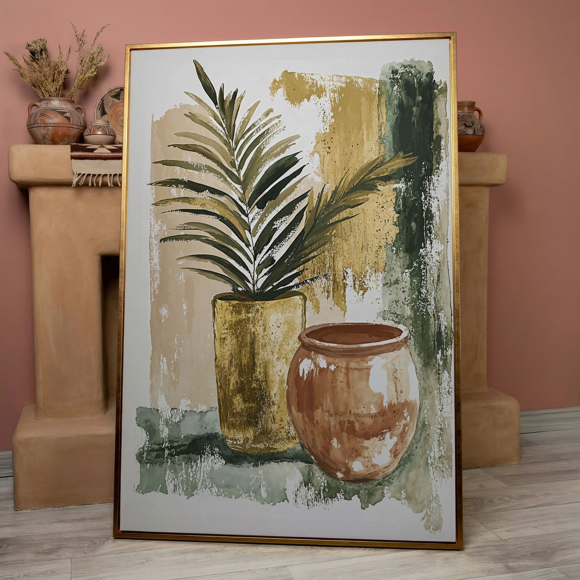 Potted Plant and Ceramic Pot Still Life Canvas Wall Art in rose gold floating frame