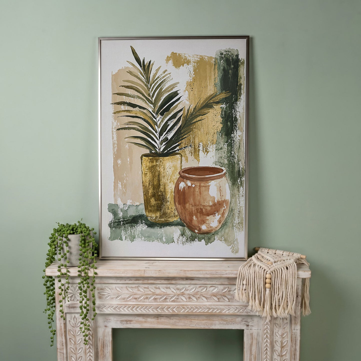 Potted Plant and Ceramic Pot Still Life Canvas Wall Art in silver floating frame