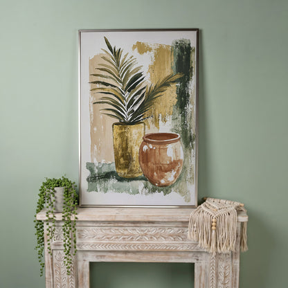 Potted Plant and Ceramic Pot Still Life Canvas Wall Art in silver floating frame