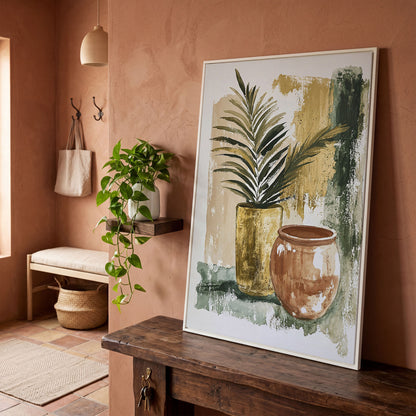 Potted Plant and Ceramic Pot Still Life Canvas Wall Art in white floating frame