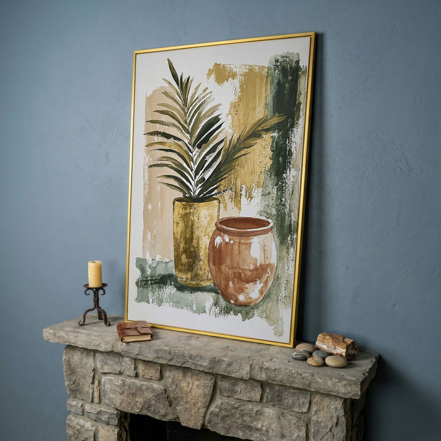 Potted Plant and Ceramic Pot Still Life Canvas Wall Art in yellow gold floating frame