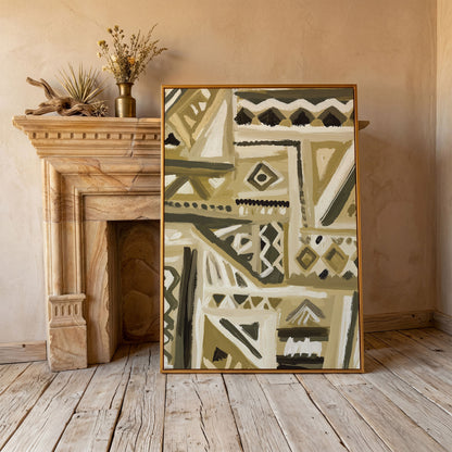 Abstract Tribal Geometric Canvas Wall Art, Portrait in antique gold floating frame