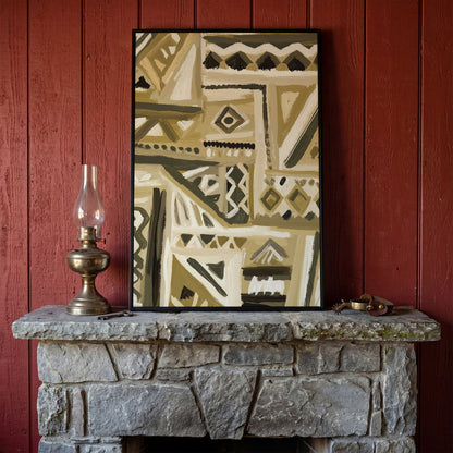 Abstract Tribal Geometric Canvas Wall Art, Portrait in black floating frame