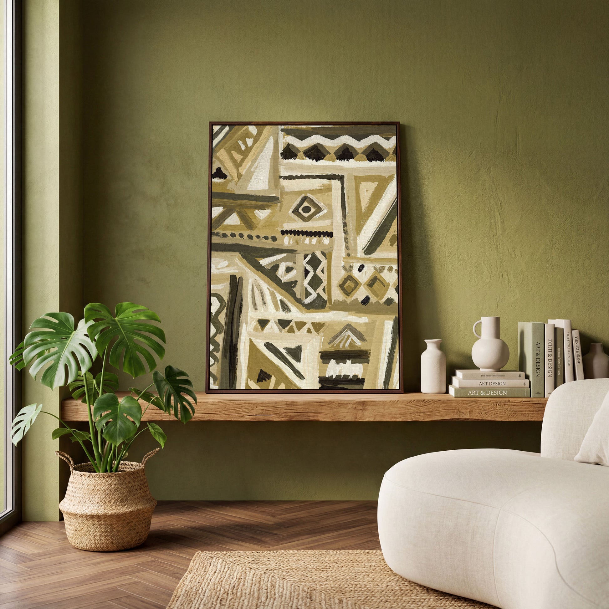 Abstract Tribal Geometric Canvas Wall Art, Portrait in dark walnut floating frame