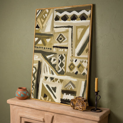 Abstract Tribal Geometric Canvas Wall Art, Portrait in white oak floating frame