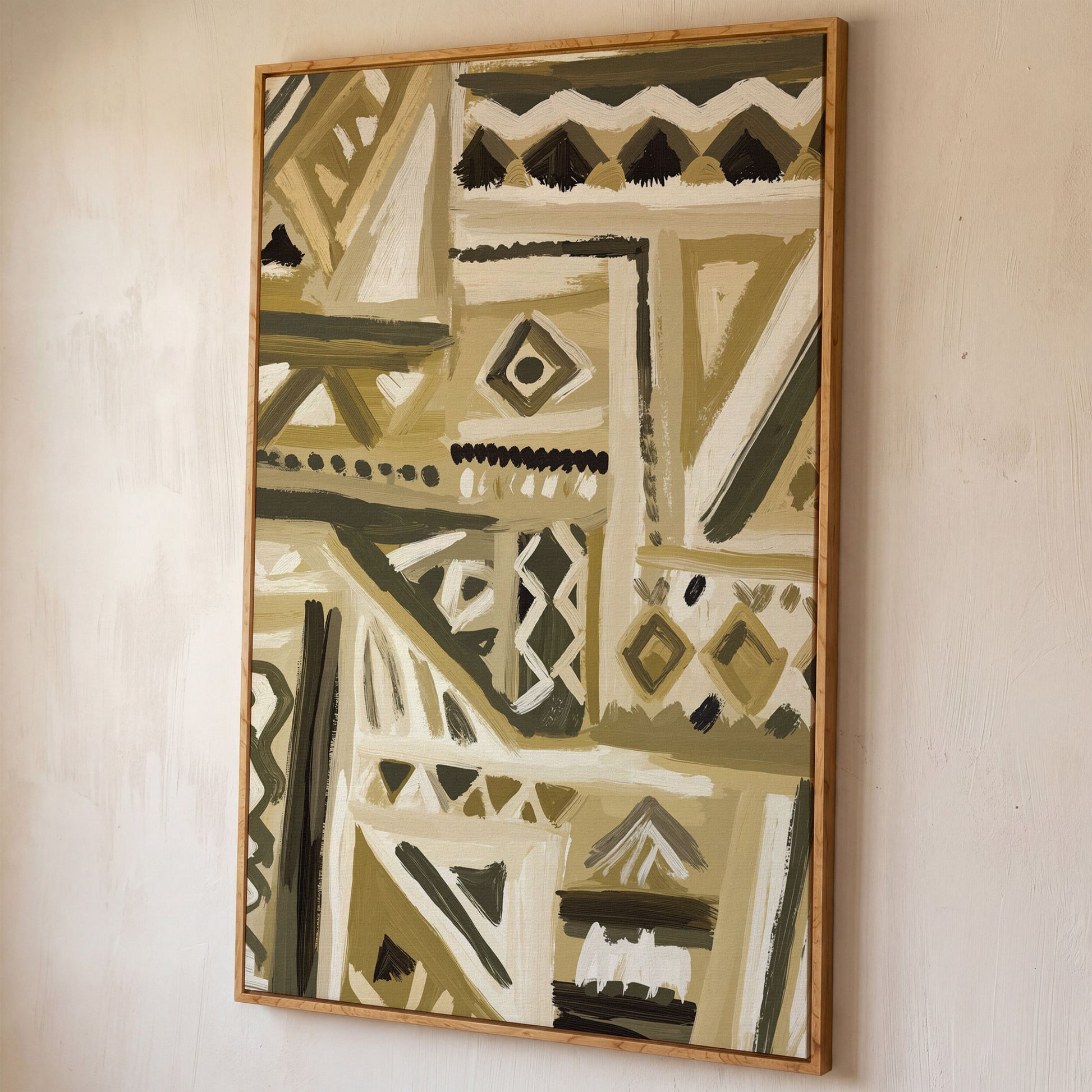 Abstract Tribal Geometric Canvas Wall Art, Portrait shown in white oak floating frame