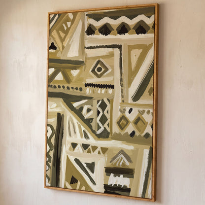 Abstract Tribal Geometric Canvas Wall Art, Portrait shown in white oak floating frame