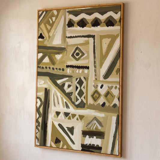 Abstract Tribal Geometric Canvas Wall Art, Portrait shown in white oak floating frame
