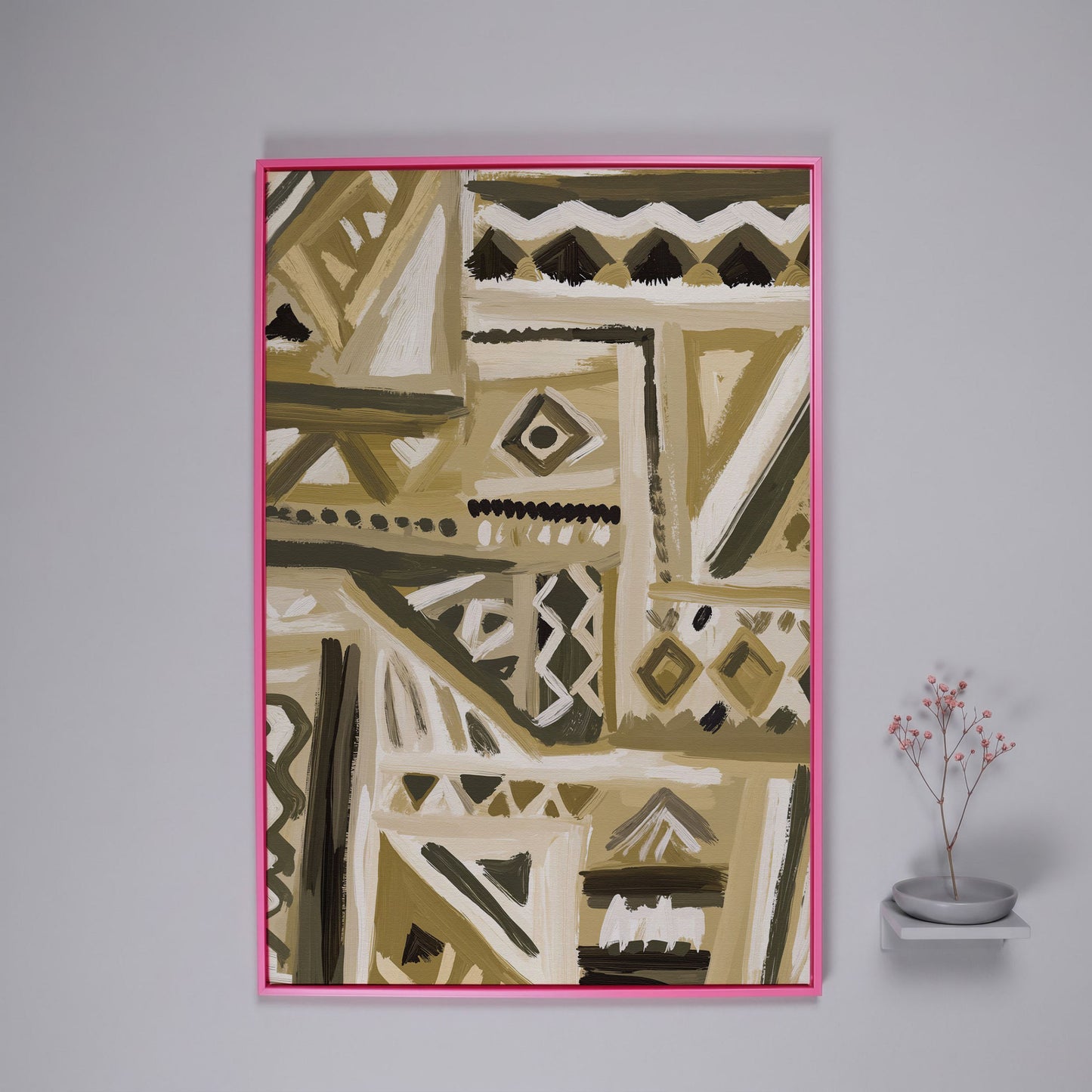 Abstract Tribal Geometric Canvas Wall Art, Portrait in pink floating frame
