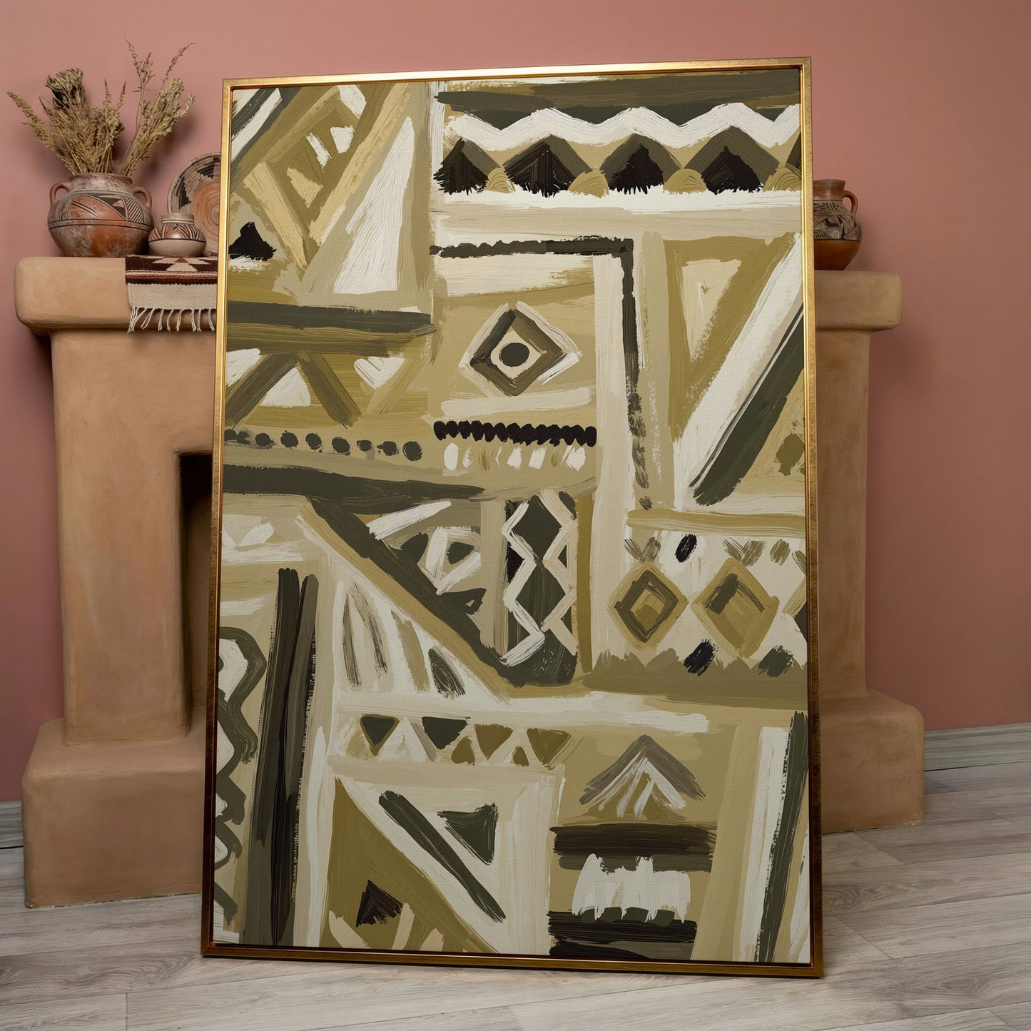 Abstract Tribal Geometric Canvas Wall Art, Portrait in rose gold floating frame