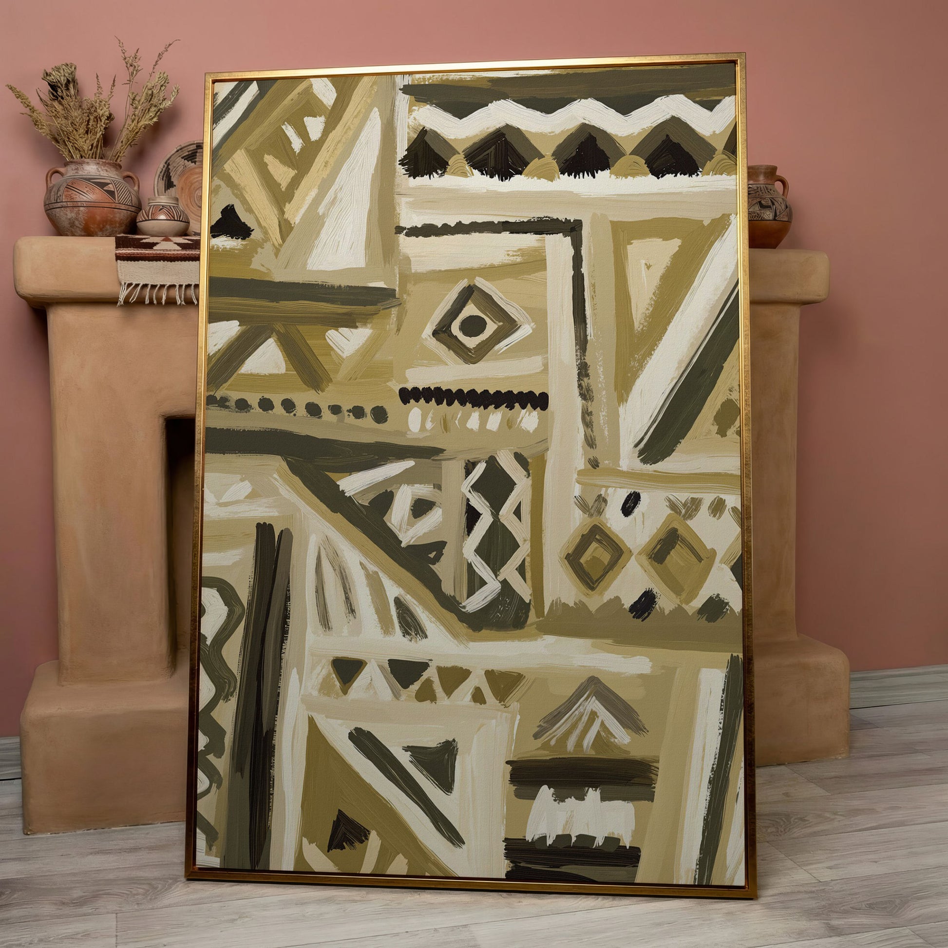 Abstract Tribal Geometric Canvas Wall Art, Portrait in rose gold floating frame