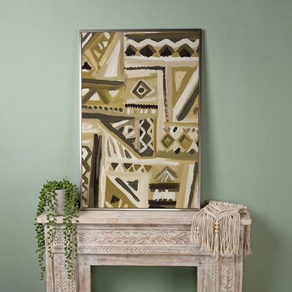 Abstract Tribal Geometric Canvas Wall Art, Portrait in silver floating frame