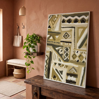 Abstract Tribal Geometric Canvas Wall Art, Portrait in white floating frame